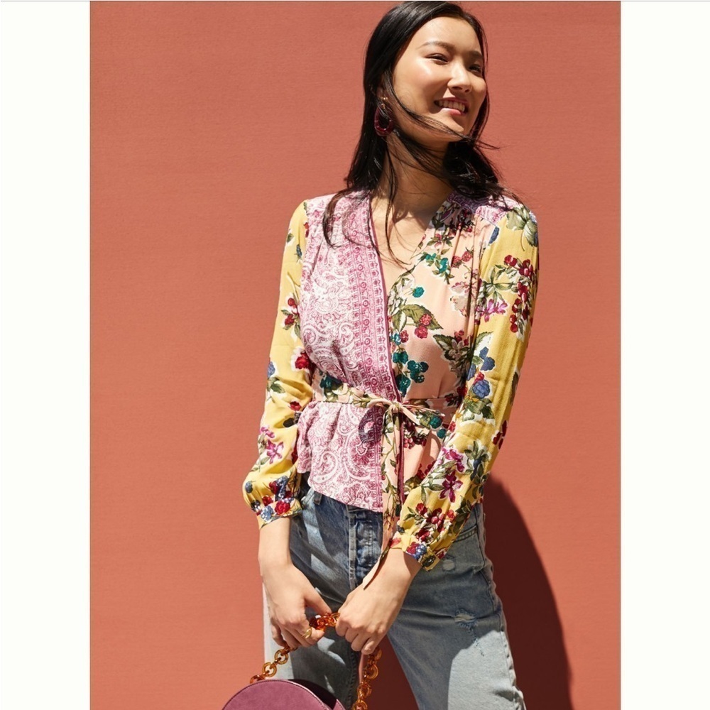 Anthropologie Meadow Rue Shirt Floral Patchwork Wrap Blouse Vneck Top Sz 6